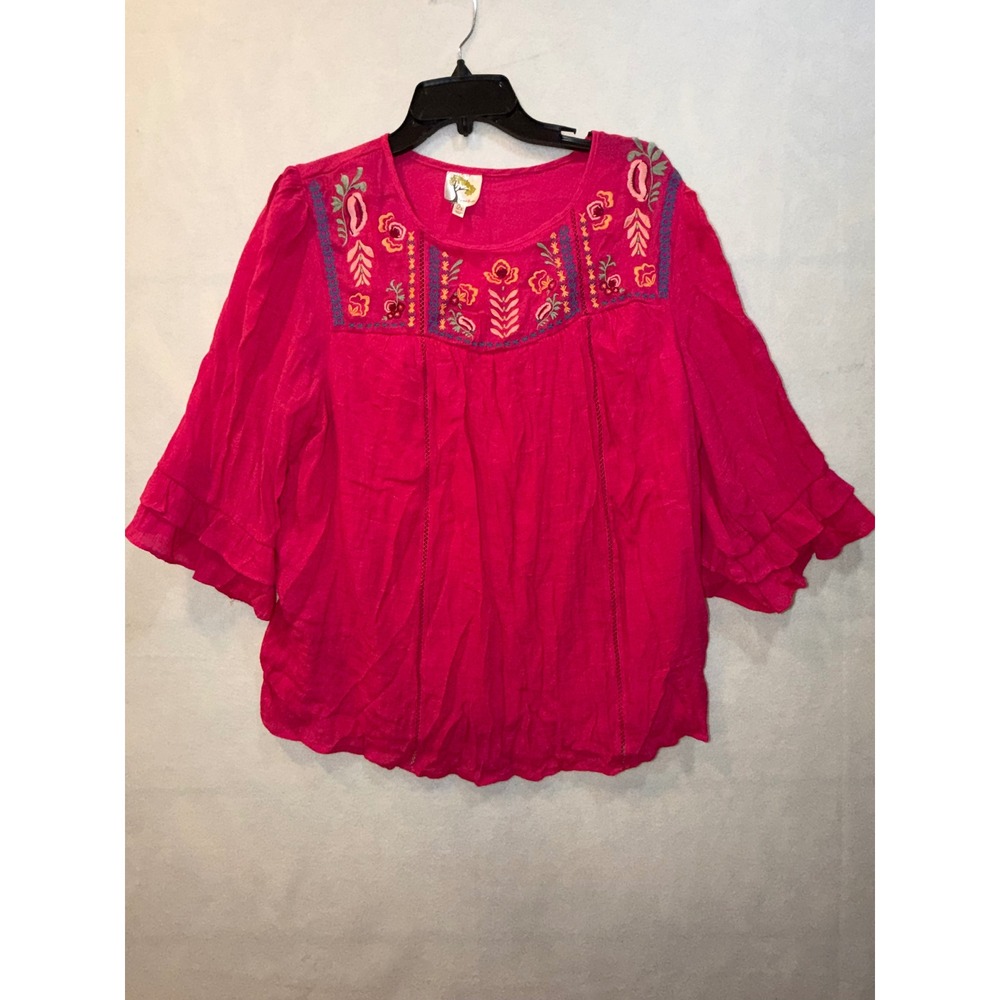 Fig and Flower Embroidered Pink‎ Peasant Blouse Top Women's 2X Ruffled Bell